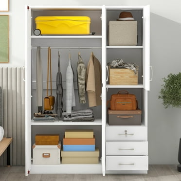 Euroco Modern 2 Door Armoires, Wood Wardrobe with Drawers, Cabinet and Shelves, White