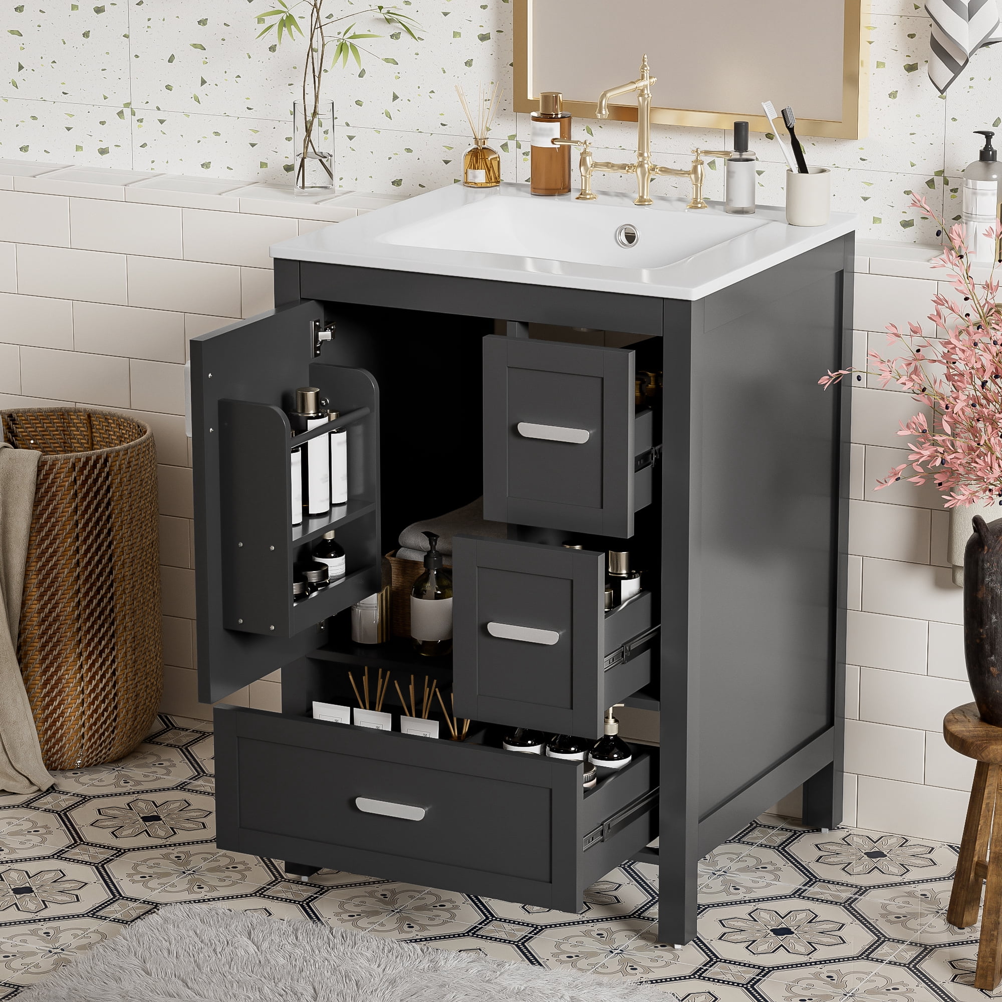 Euroco Modern 24-inch Bathroom Vanity with Ceramic Sink, Soft-Close Door, Double-Layer Door Shelf, and 3 Drawers