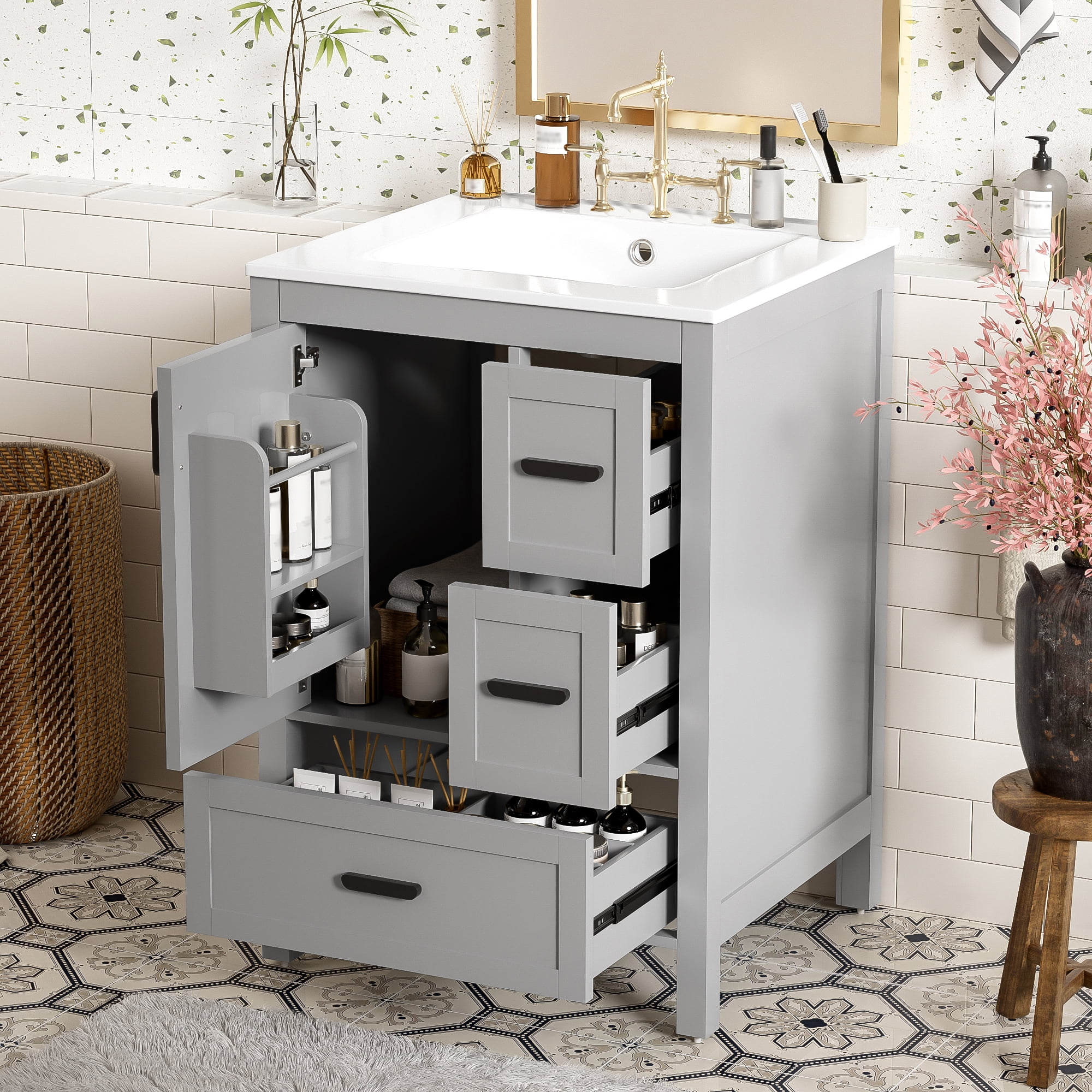 Euroco Modern 24-inch Bathroom Vanity with Ceramic Sink, Soft-Close Door, Double-Layer Door Shelf, and 3 Drawers