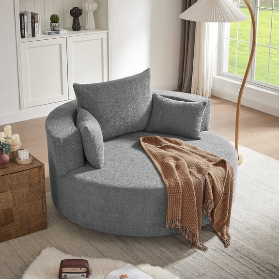 Euroco Modern 360° Swivel Lounge Chair with Deep Seat, Chenille Upholstery, Removable Throw Pillows – Circular Accent Chair for Living Room, Bedroom, or Apartment
