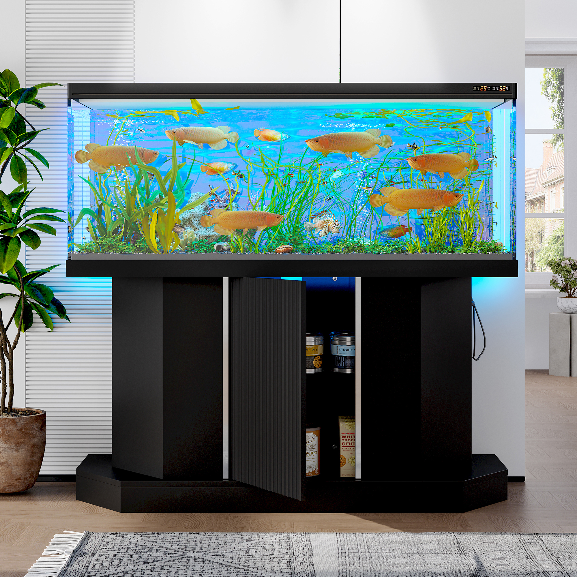 Euroco Modern 55-75 Gallon Fish Tank Stand with Power Outlet (4 AC 2 USB Ports), Heavy Duty Aquarium Stand with Cabinet Storage for Fish Tank, Turtle Tank