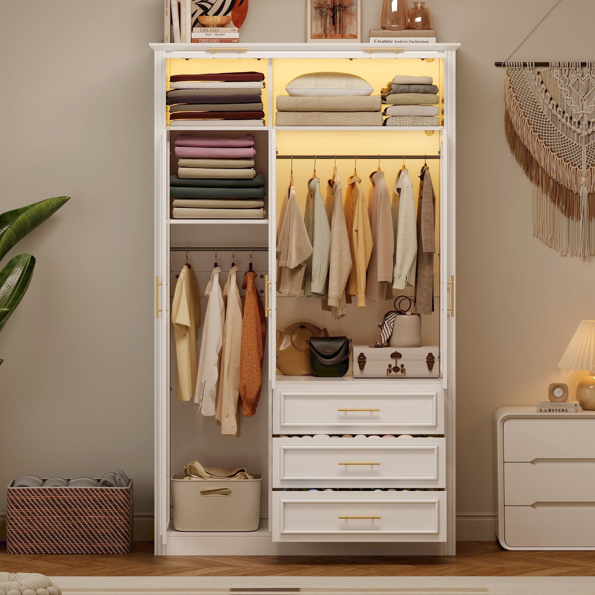 Euroco Modern 6 Door Armoires, Wood Wardrobe with Cabinet and Shelves, White