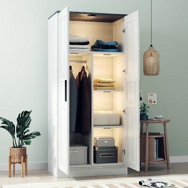 Euroco Modern 68.9" Armoire Wadrobe, 2 Door Bedroom Armoire with LED Light and Hanging Rods for Kids Adults, Brown