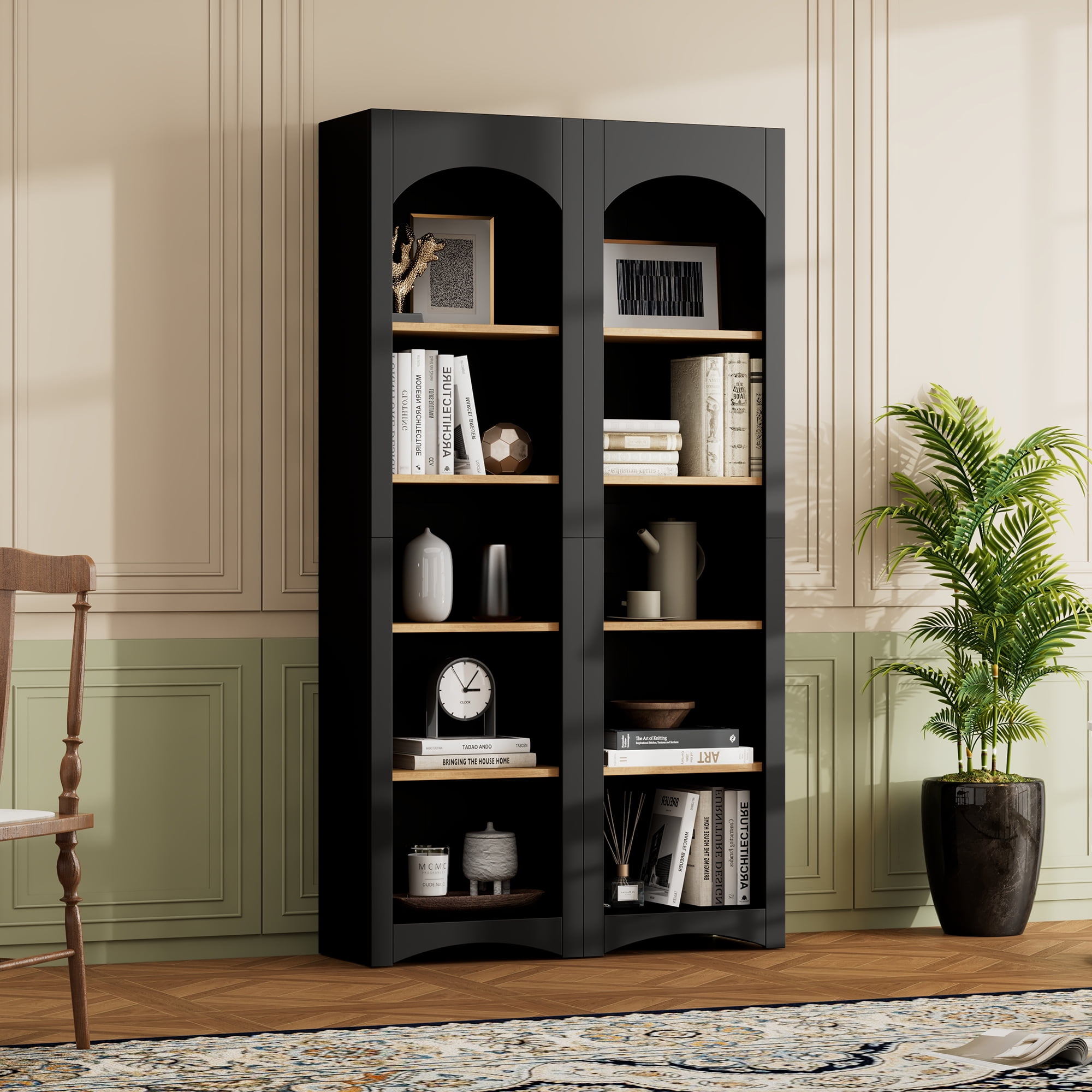 Euroco Modern 72"H Kitchen Pantry Cabinet，Free Standing 5 Tier Bookshelves, Bookcases Set of 2, Farmhouse Two-Tone Storage Cabinet with Adjustable Shelves，Black