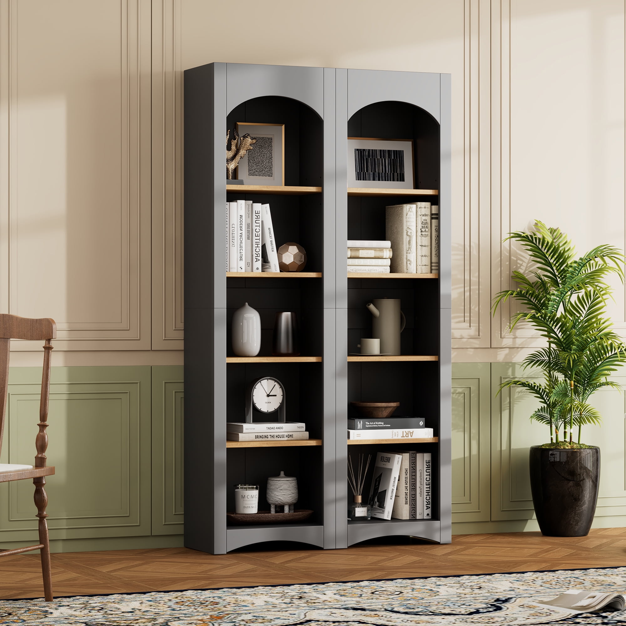 Euroco Modern 72"H Kitchen Pantry Cabinet，Free Standing 5 Tier Bookshelves, Bookcases Set of 2, Farmhouse Two-Tone Storage Cabinet with Adjustable Shelves，Grey