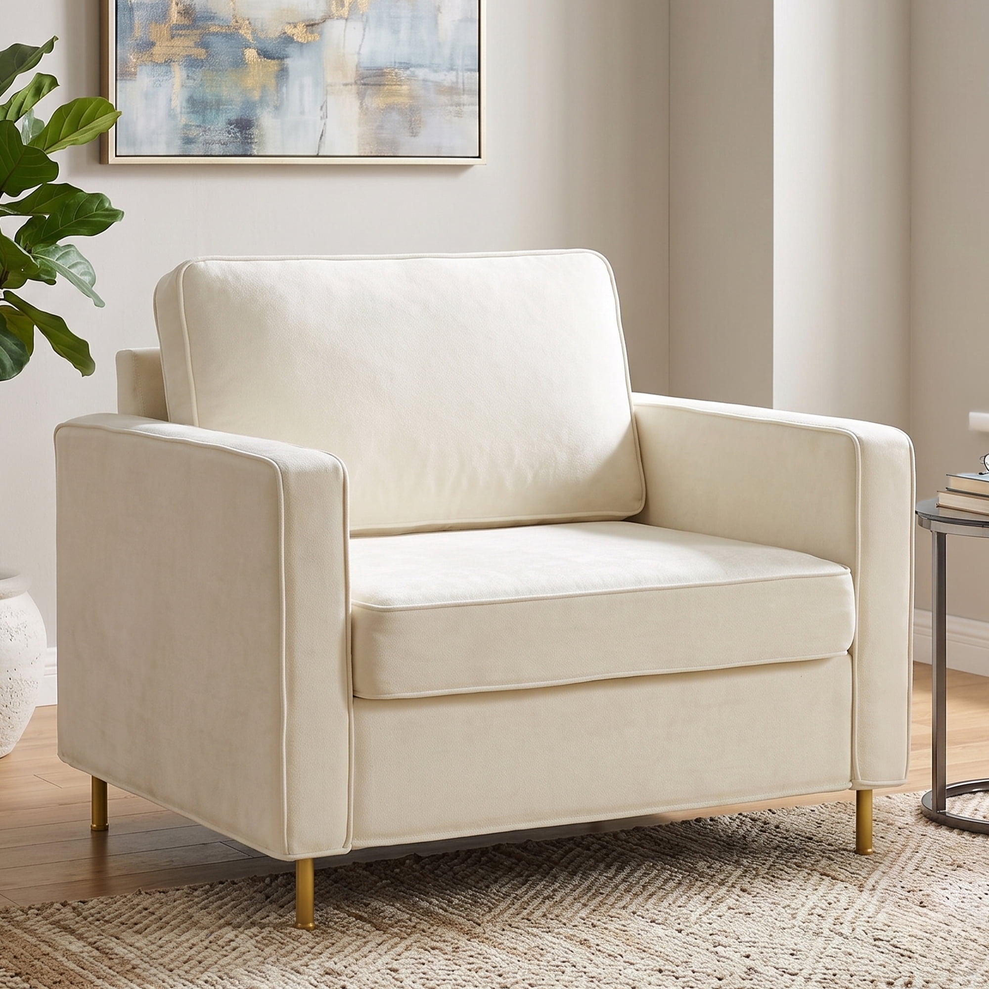 Euroco Modern Accent Chair, Oversized Chenille Upholstered Single Sofa with Deep Seat and Wood Legs, Comfy Reading Armchair for Living Room Bedroom,Beige