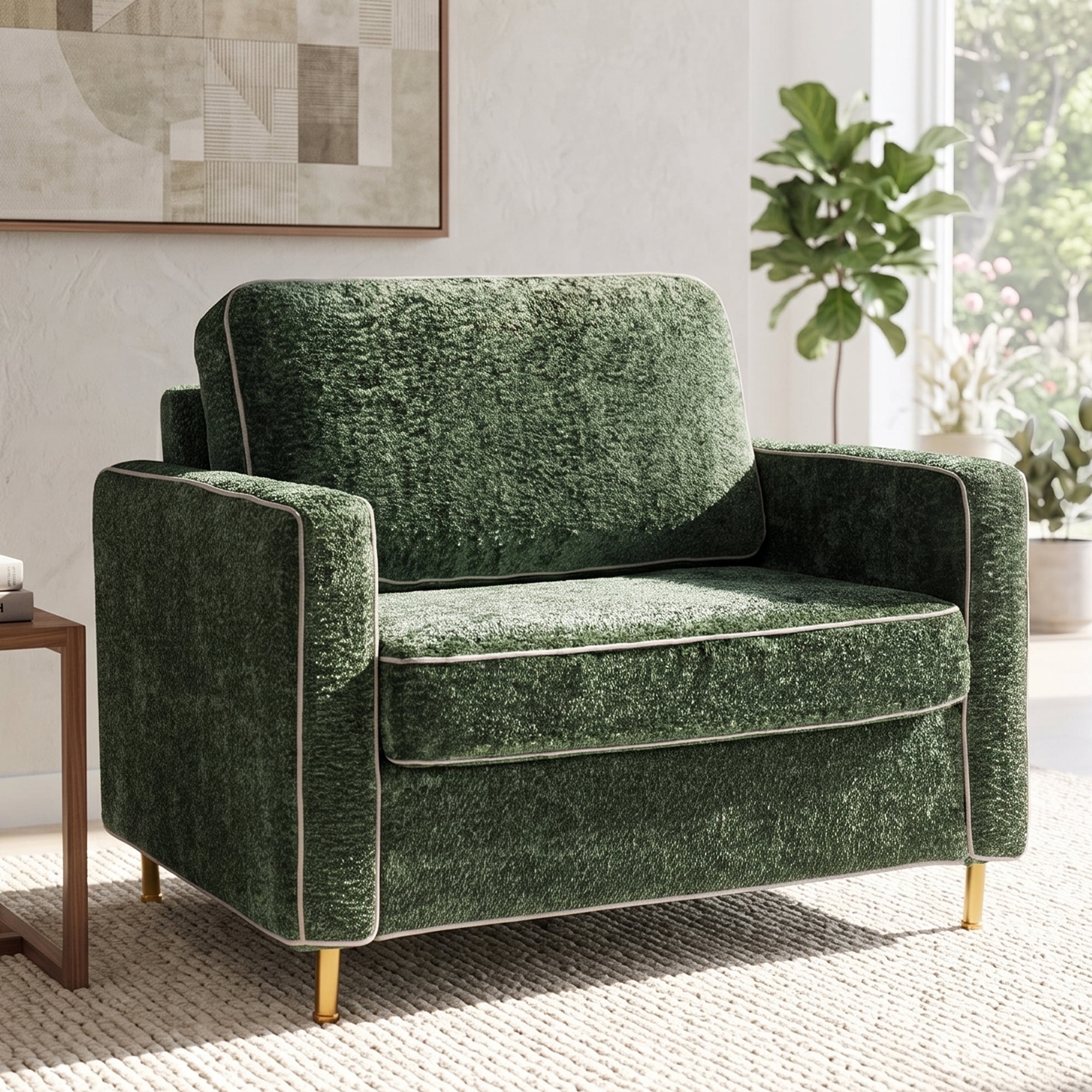 Euroco Modern Accent Chair, Oversized Chenille Upholstered Single Sofa with Deep Seat and Wood Legs, Comfy Reading Armchair for Living Room Bedroom,Green