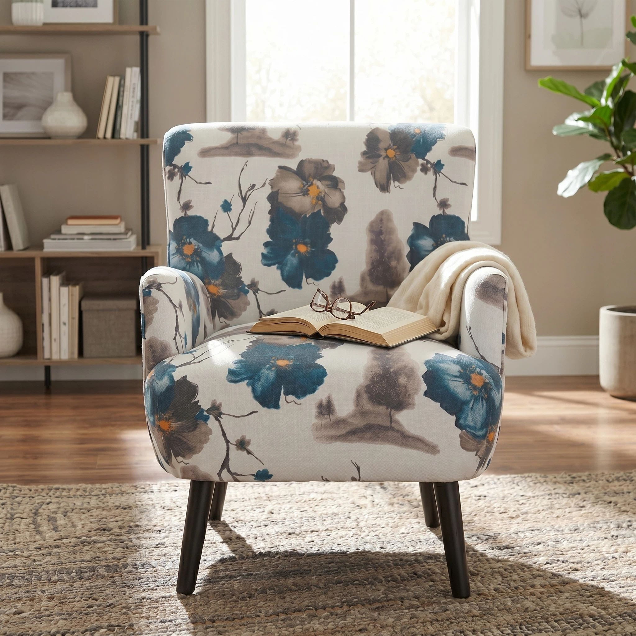 Euroco Modern Accent Chair,Upholstered Armchair with Round Arm & Solid Wood Legs,Comfy Reading Chair Club Chair for Bedroom, Living Room,White+Blue