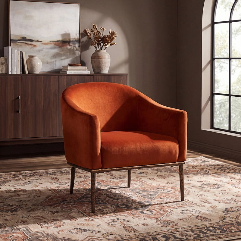 Euroco Modern Barrel Accent Chair, Chenille Upholstered Armchair with Hammered-Texture Metal Base,Cozy Reading Chairs for Living Room Bedroom,Burnt Orange