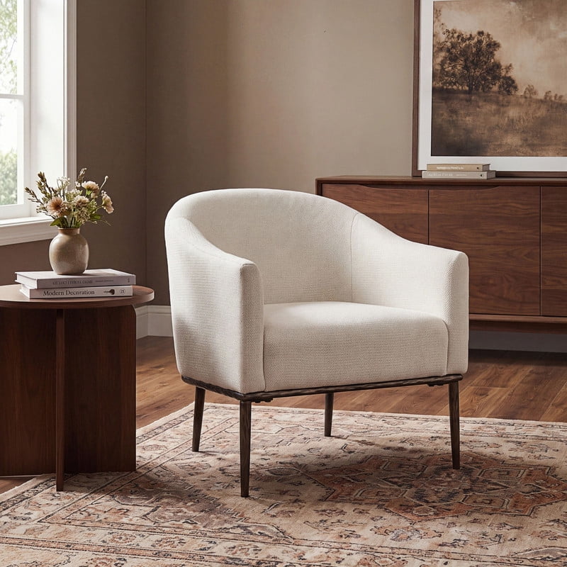 Euroco Modern Barrel Accent Chair, Chenille Upholstered Armchair with Hammered-Texture Metal Base,Cozy Reading Chairs for Living Room Bedroom,Ivory