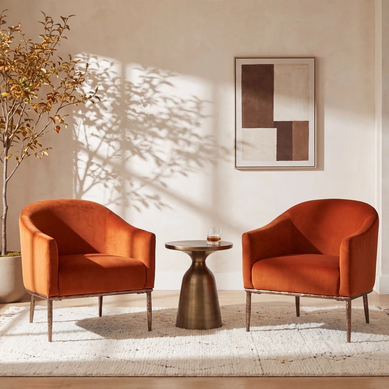 Euroco Modern Barrel Accent Chair Set of 2, Chenille Upholstered Armchair with Hammered-Texture Metal Base for Living Room,Burnt Orange