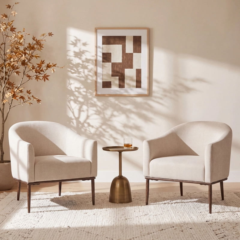 Euroco Modern Barrel Accent Chair Set of 2, Chenille Upholstered Armchair with Hammered-Texture Metal Base for Living Room,Ivory