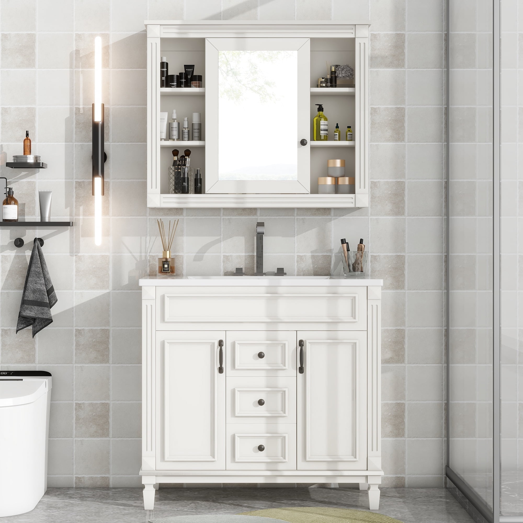 EUROCO 36'' Bathroom Vanity with Top Sink and Mirror Cabinet, Modern Bathroom Storage Cabinet with 2 Soft Closing Doors and 2 Drawers, Single Sink Bathroom Vanity