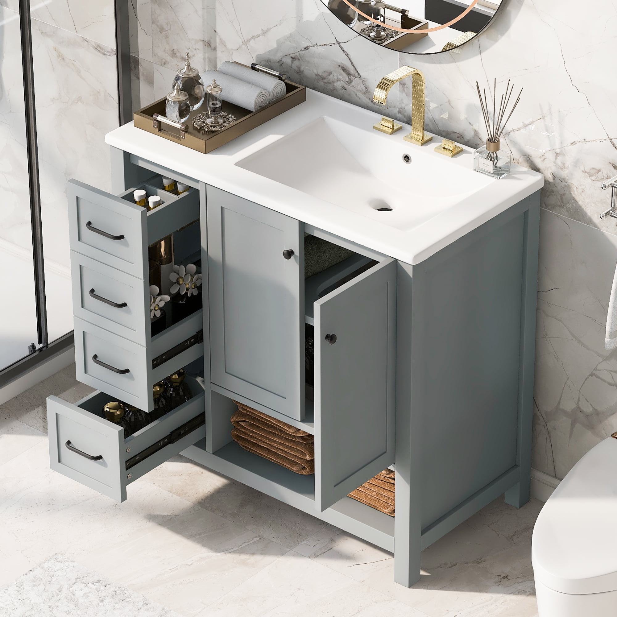 Euroco Modern Bathroom Vanity Cabinet with Right-Side Ceramic Sink, 2 Drawers & 2-Door Storage, Solid Wood & MDF, 8" Faucet Compatible