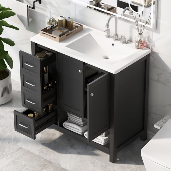 Euroco Modern Bathroom Vanity Cabinet with Right-Side Ceramic Sink, 2 Drawers & 2-Door Storage, Solid Wood & MDF, 8" Faucet Compatible