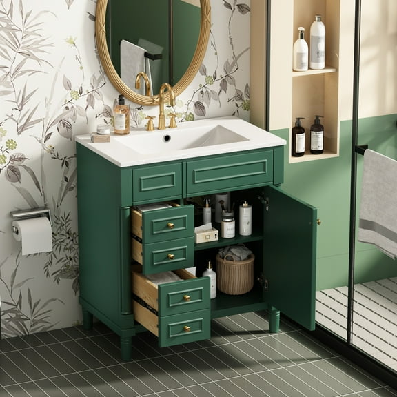 Euroco Modern Bathroom Vanity with Sink, 2 Drawers and Cabinet with Adjustable Shelf, Soft-Close Doors and Solid Wood Legs, Elegant Storage Cabinet for Bathroom