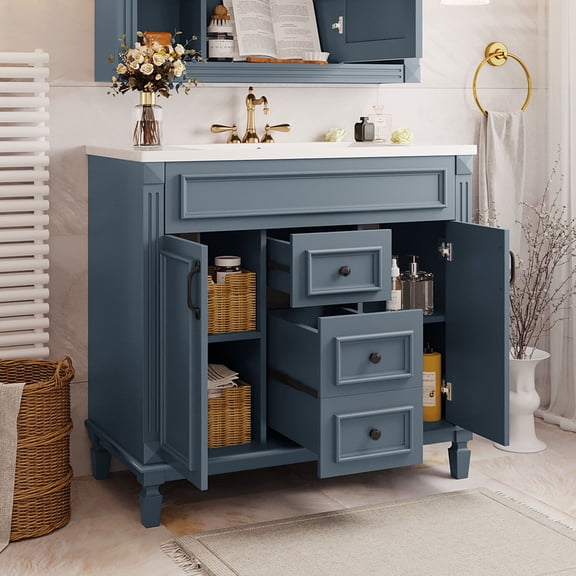 Euroco Modern Bathroom Vanity with Sink – 3-Hole Basin, Concealed Storage, Soft-Close Doors & Drawer – Freestanding Bathroom Cabinet with Water-Resistant Finish, Easy Assembly