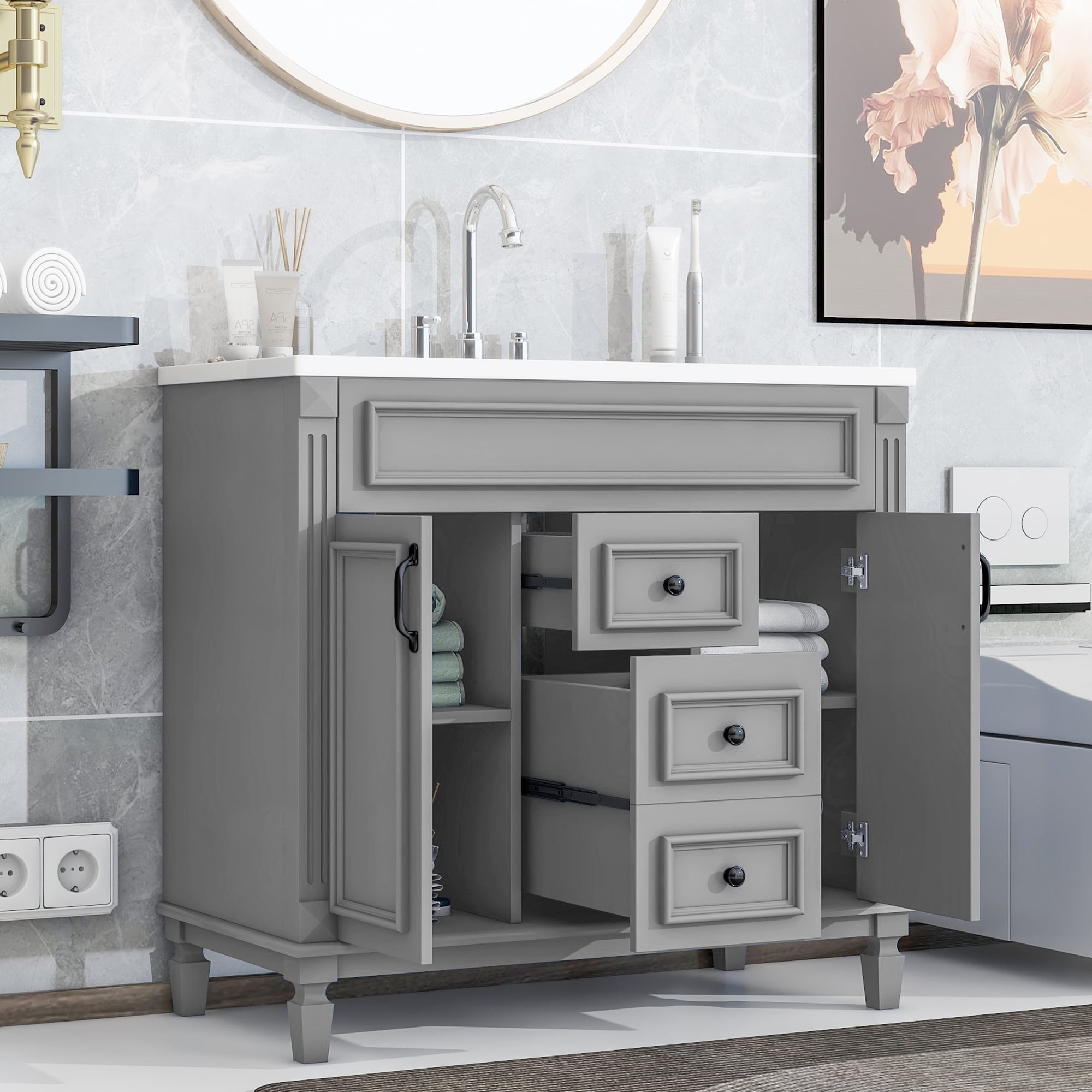 Euroco Modern Bathroom Vanity with Sink – 3-Hole Basin, Concealed Storage, Soft-Close Doors & Drawer – Freestanding Bathroom Cabinet with Water-Resistant Finish, Easy Assembly