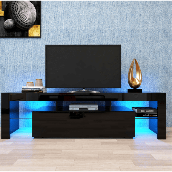 Euroco Modern Black TV Stand, 20 Colors LED TV Stand w/Remote Control Lights