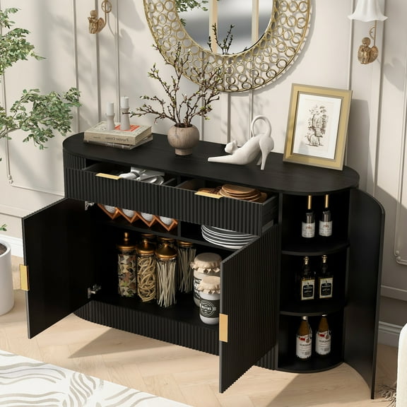 Euroco Modern Buffet Cabinet with Storage, 55.1" Large Sideboard with 2 Drawers,Curved Side Door & 3-Tier Shelves, Wood Coffee Bar Cabinets for Kitchen Living Room,Black