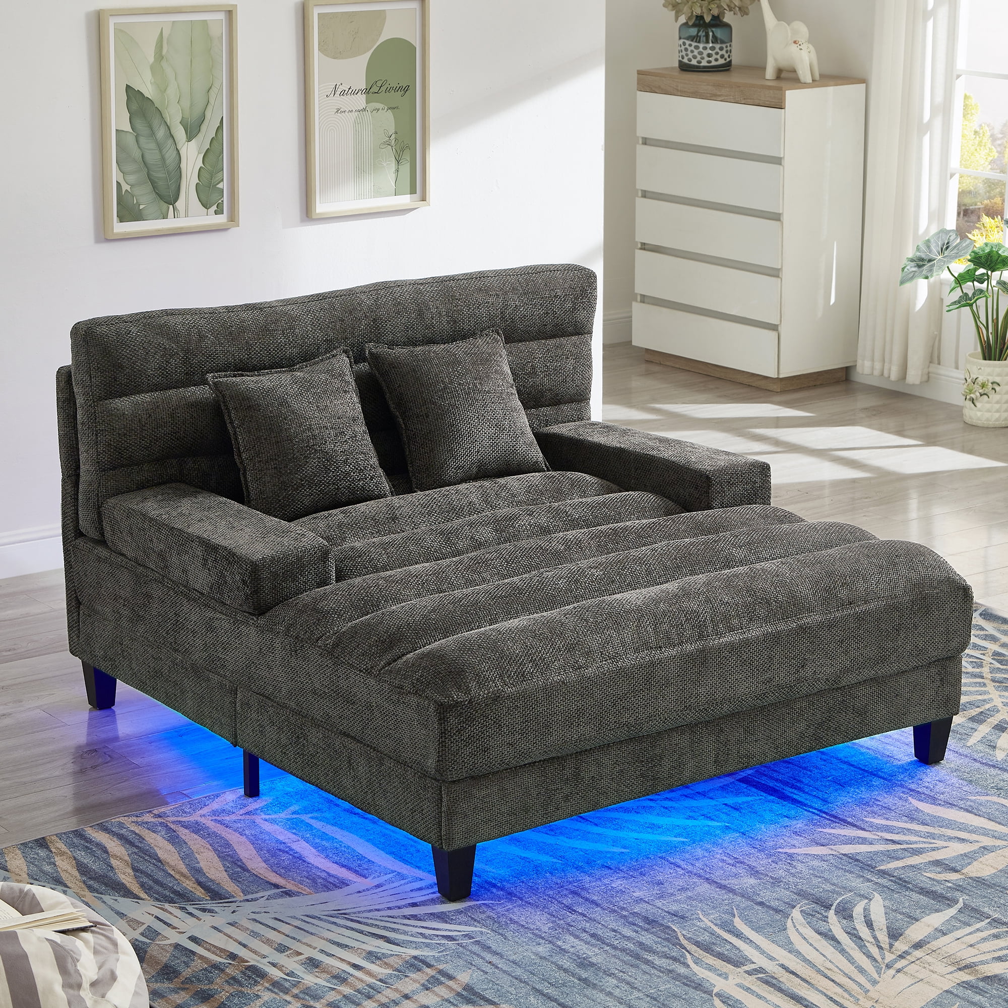 Euroco Modern Chaise Lounge Sofa 57.1" Sofa Bed Chenille Upholstered Lounge Sofa Chair with Adjustable Backrest and LED Light Strip for Living Room, Grey