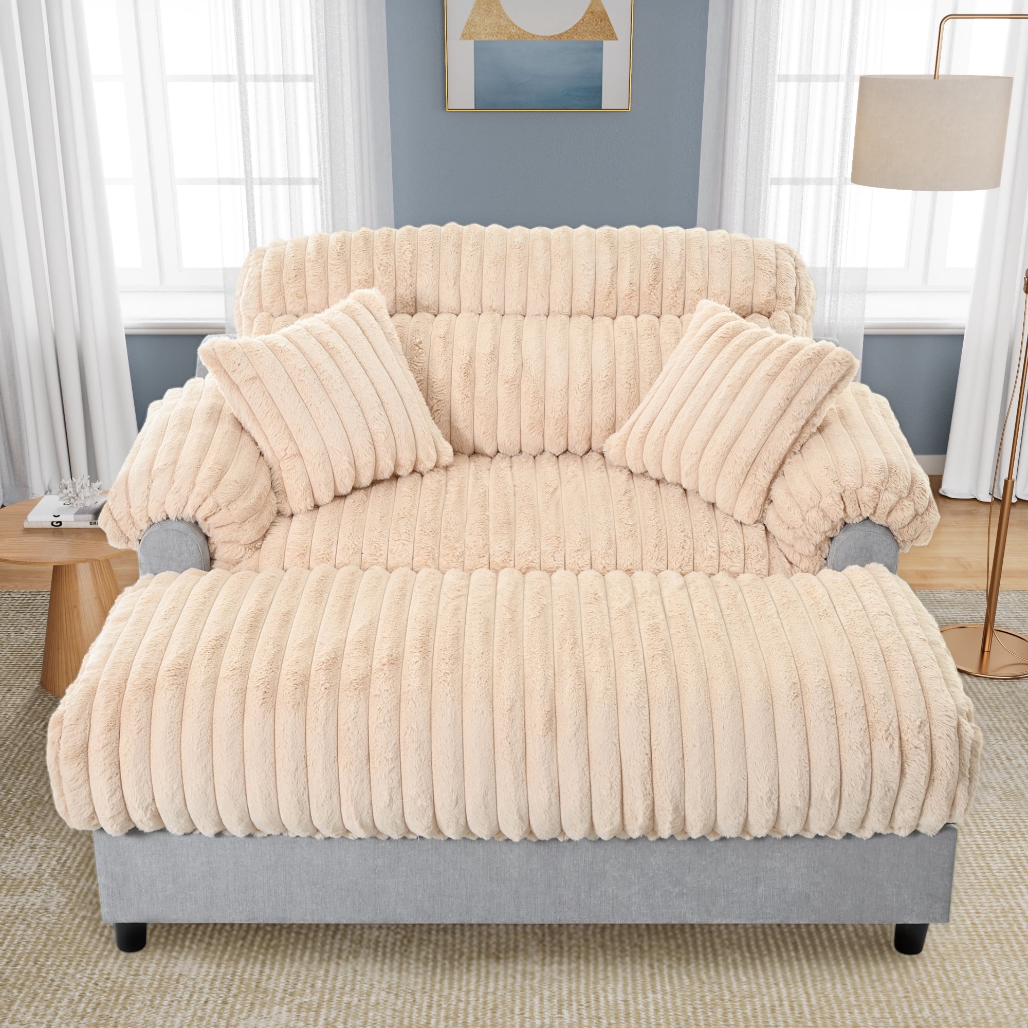 Euroco Modern Chaise Lounge Sofa 65.25" Cloud Chaise Sofa Cozy Plush Sofa Couch with Two Throw Pillows for Living Room, Champagne