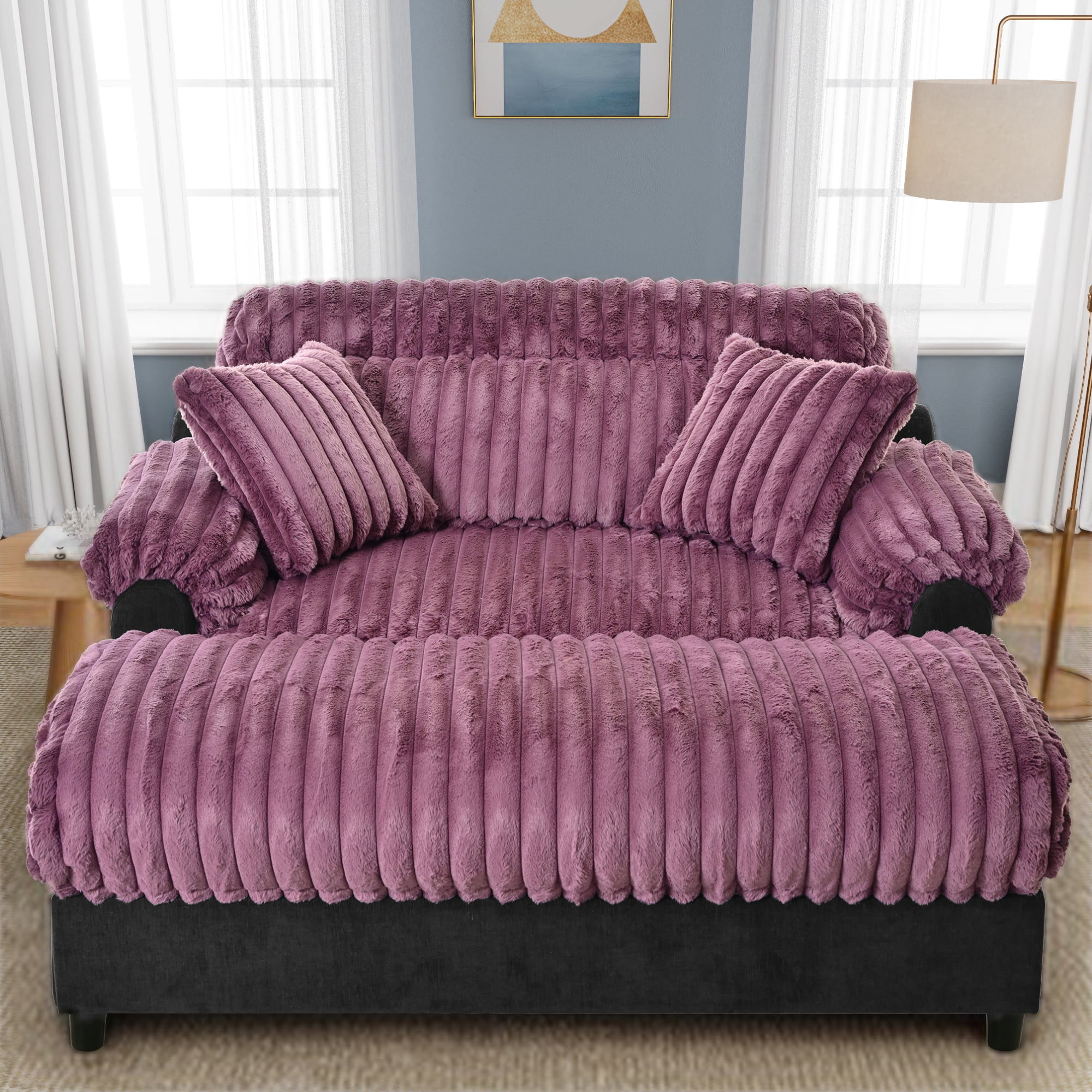 Euroco Modern Chaise Lounge Sofa 65.25" Cloud Chaise Sofa Cozy Plush Sofa Couch with Two Throw Pillows for Living Room, Wine