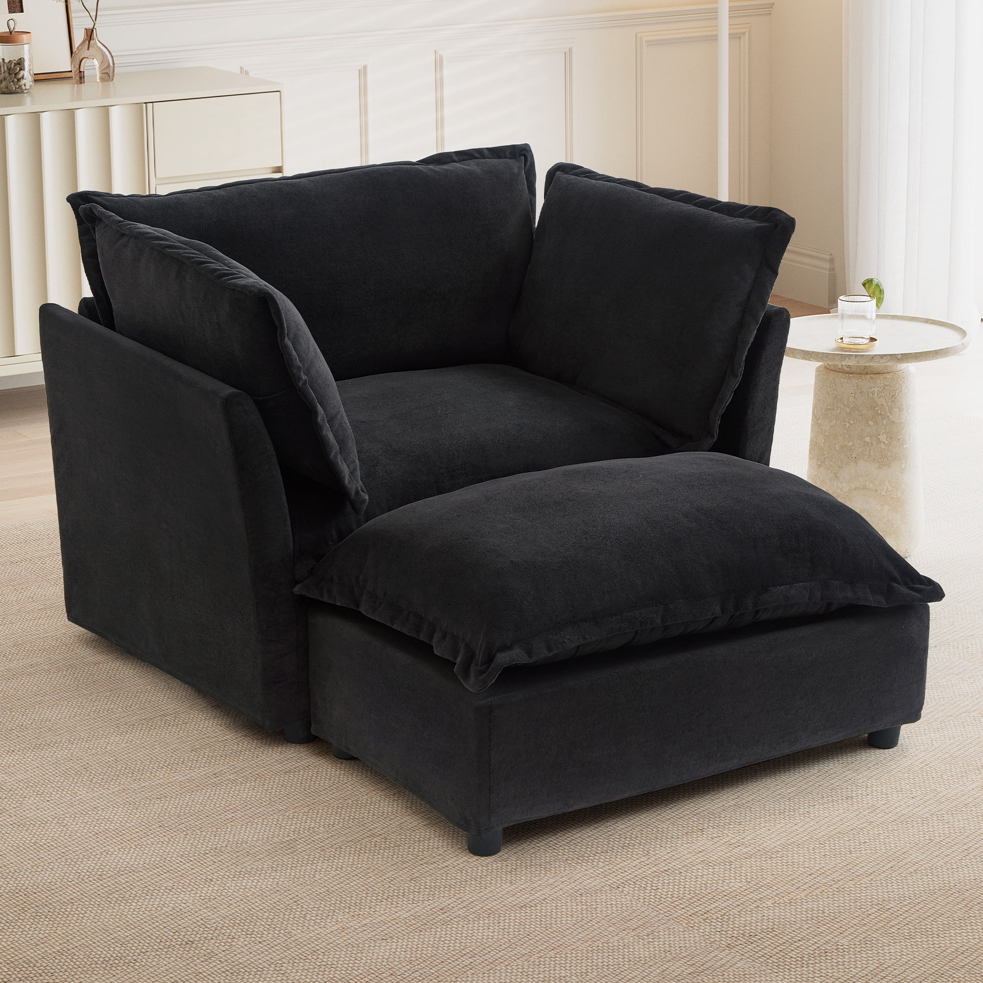 Euroco Modern Chenille Lounge Chair with Movable Ottoman, Curved Armrests & Wide Seat – Upholstered Single Sofa Set for Living Room, Bedroom, or Reading Nook