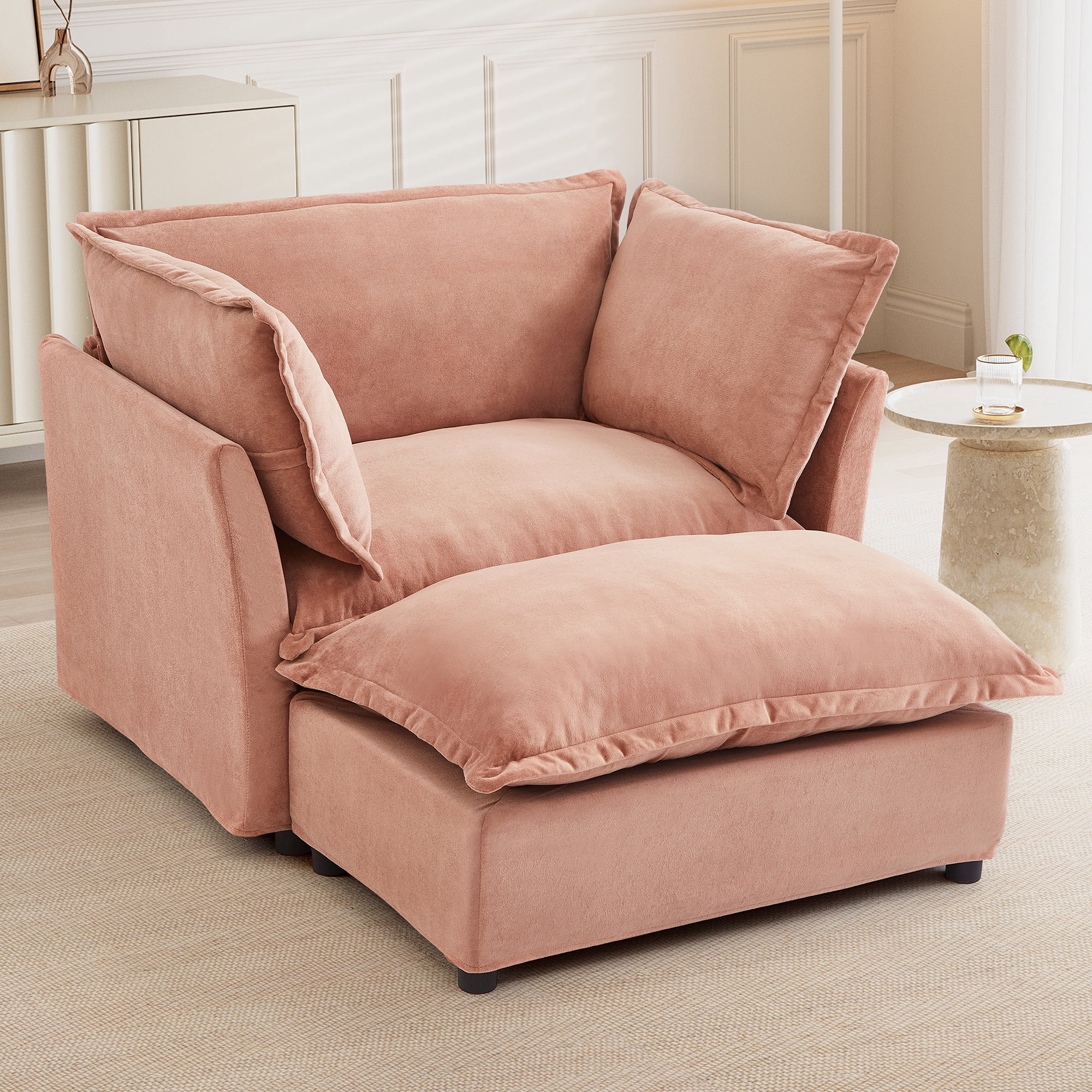 Euroco Modern Chenille Lounge Chair with Movable Ottoman, Curved Armrests & Wide Seat – Upholstered Single Sofa Set for Living Room, Bedroom, or Reading Nook