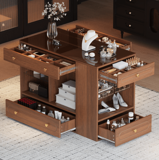Euroco Modern Closet Island with Glass Display Top & 6 Drawers – Multifunctional Storage for Walk-in Closets, Bedrooms, and Retail Spaces