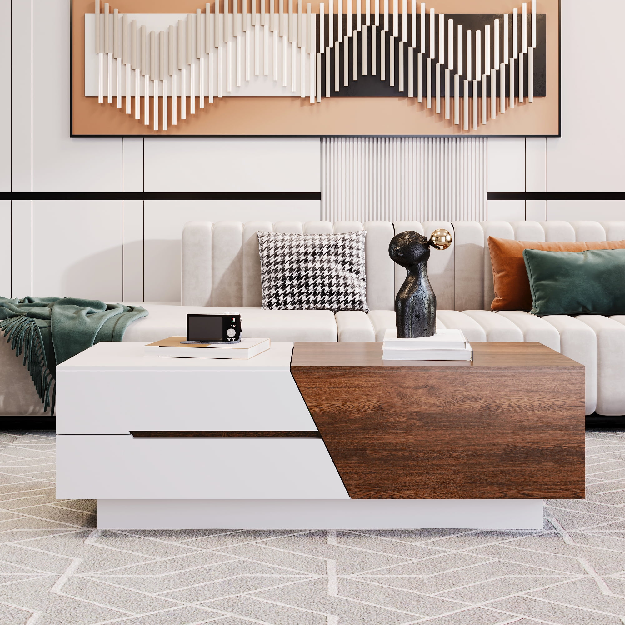 Euroco Modern Coffee Table with Extendable Sliding Top, Hidden Storage, Dual-Tone White and Walnut Finish, MDF Construction for Living Room