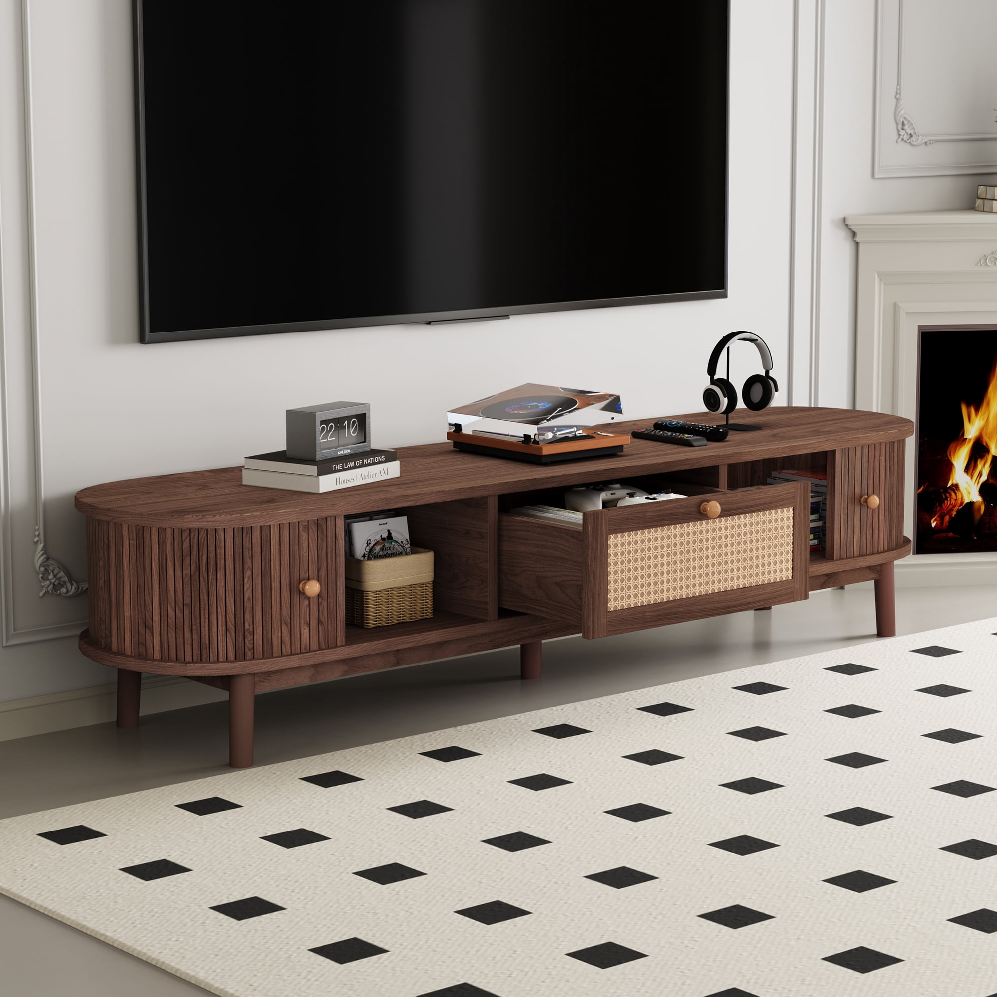 Euroco Modern Design TV Stand for 75" TVs, Media Console TV Cabinet with Rattan-Front Drawer for Living Room, 1 Drawer and 2 Sliding-Door Cabinets