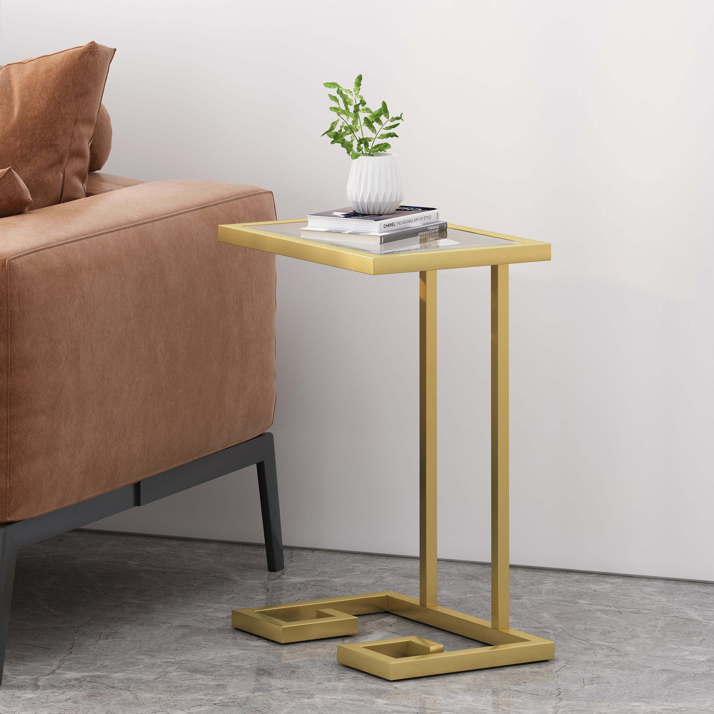 Euroco Modern End Table, Side Table Nightstand with Glass Tabletop & Gold Metal Frame for Small Space,Living Room, Bedroom