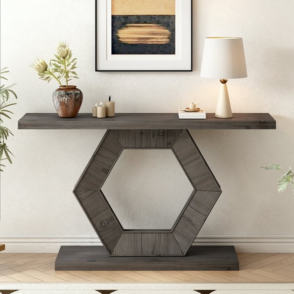 Euroco Modern Entryway Table, 55" Wooden Console Table with Hollow Hexagon Leg,Accent Table Sofa Table for Hallway, Entryway, Living Room, Natural