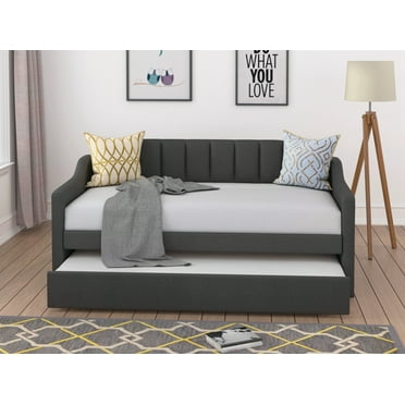 Euroco Modern Fabric Upholstered Twin Daybed with Guest Trundle, Sturdy Sofa Bed for Kids and Adults Room, Grey