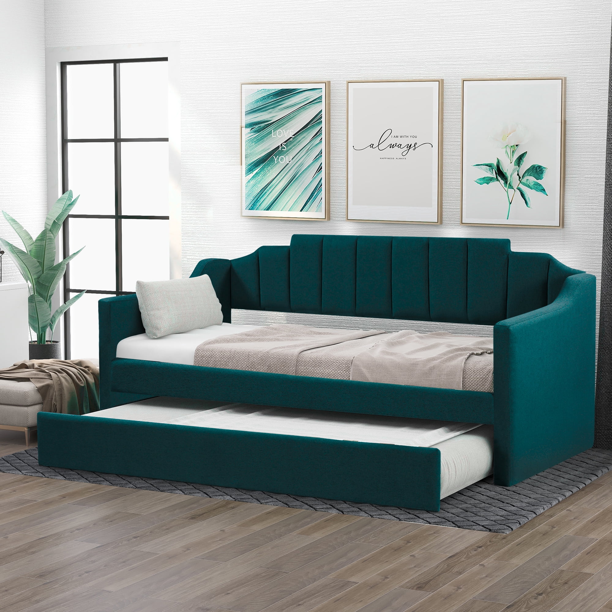 Euroco Modern Fabric Upholstered Twin Daybed with Trundle for Kids Teens Bedroom, Green