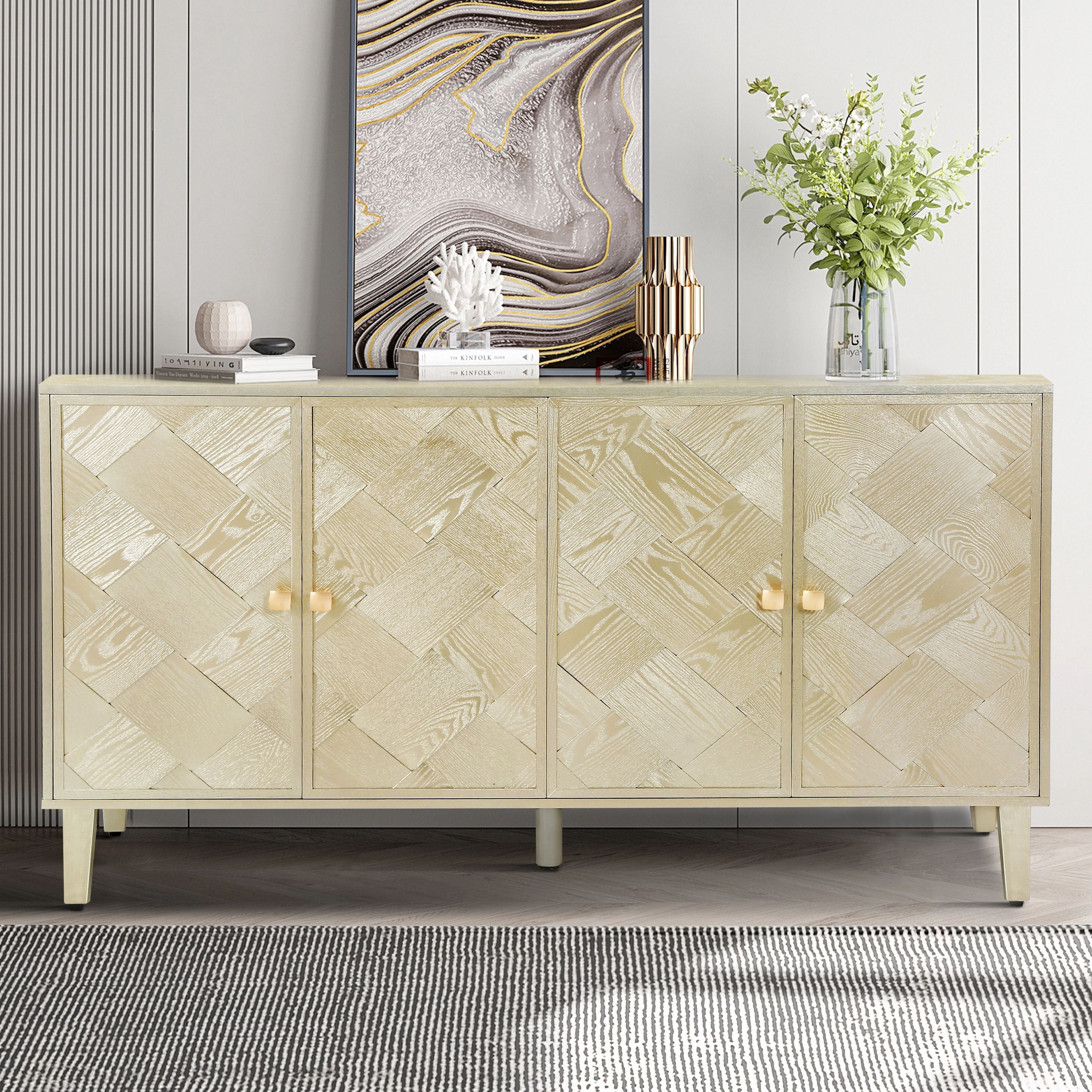 Euroco Modern Farmhouse Sideboard Buffet Cabinet with Storage & 4 Doors,59.8" Wood Coffee Bar Cabinet with Shelves for Kitchen Living Room,Champagne