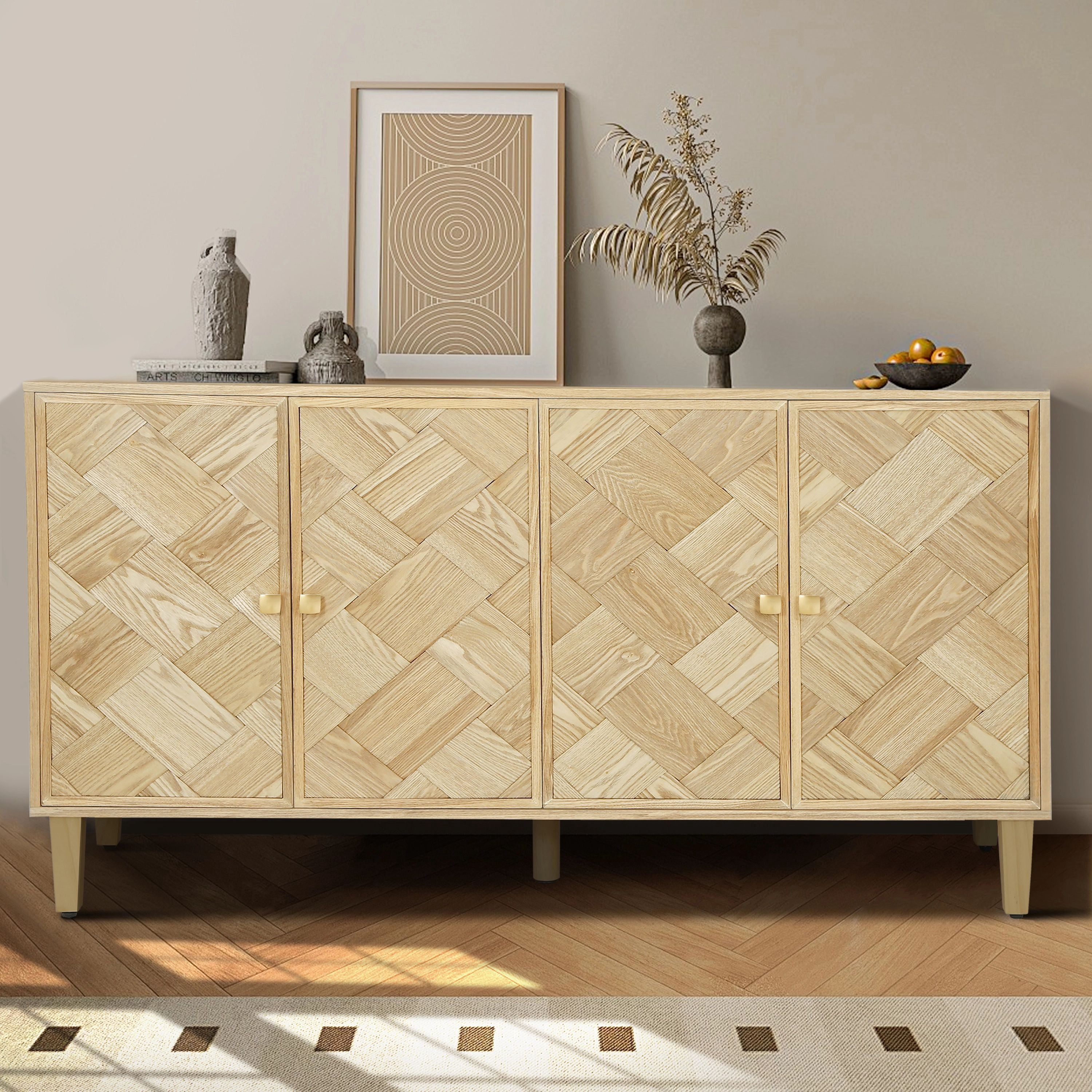 Euroco Modern Farmhouse Sideboard Buffet Cabinet with Storage & 4 Doors,59.8" Wood Coffee Bar Cabinet with Shelves for Kitchen Living Room,Natural