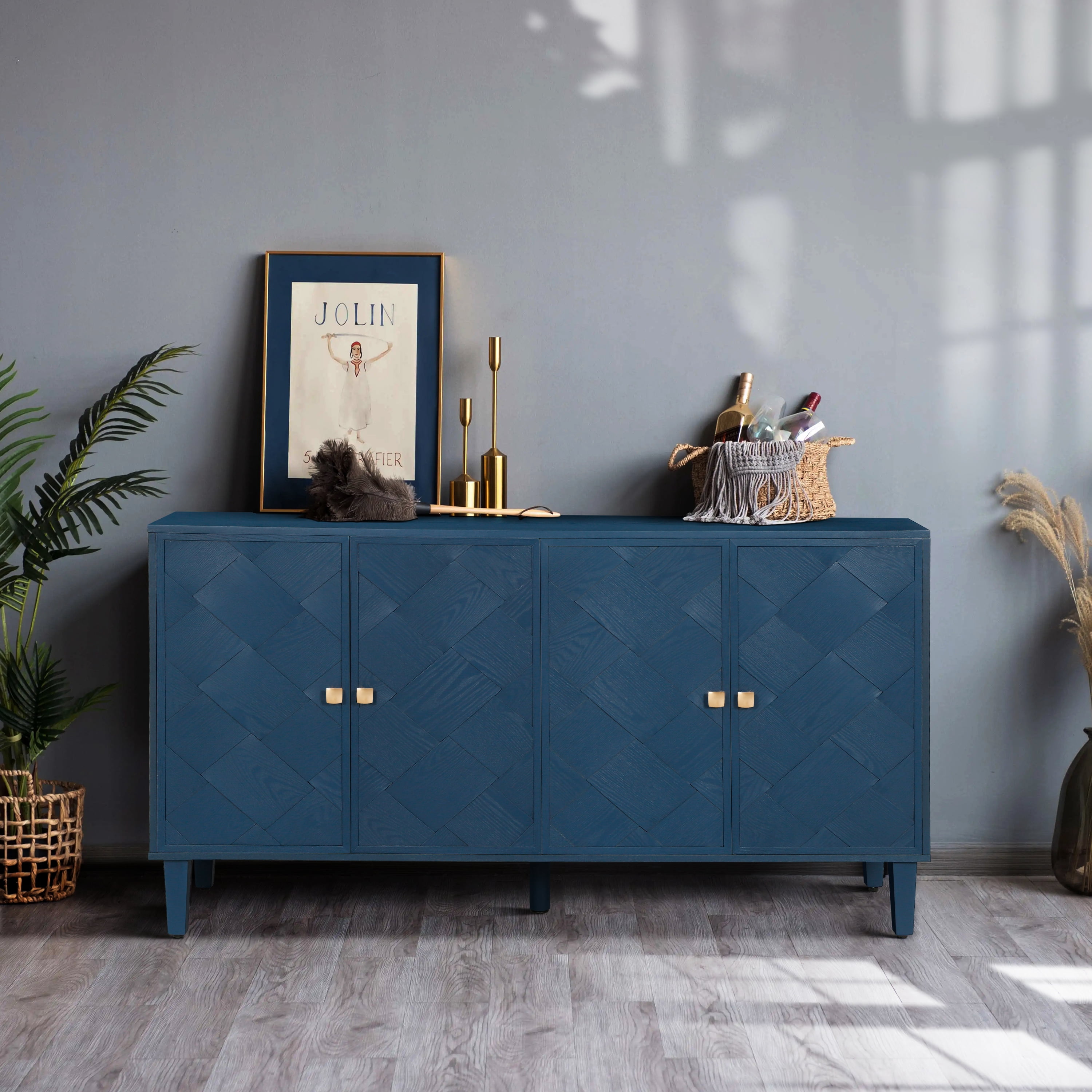 Euroco Modern Farmhouse Sideboard Buffet Cabinet with Storage & 4 Doors,59.8" Wood Coffee Bar Cabinet with Shelves for Kitchen Living Room,Navy Blue