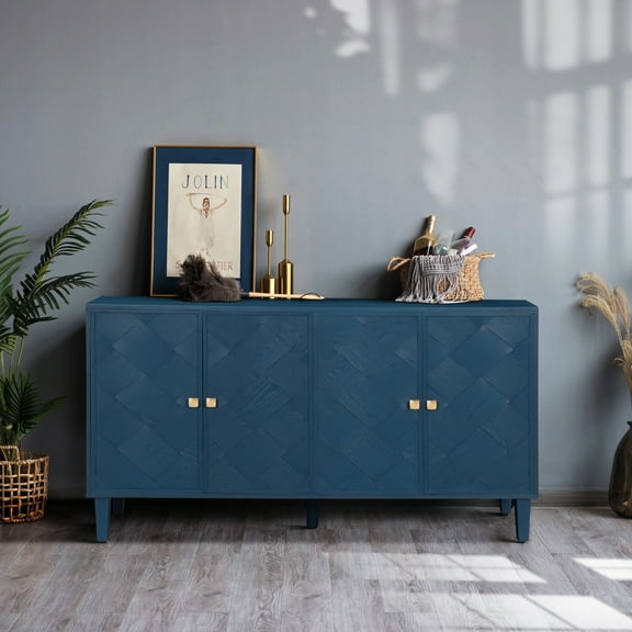 Euroco Modern Farmhouse Sideboard Buffet Cabinet with Storage & 4 Doors,59.8" Wood Coffee Bar Cabinet with Shelves for Kitchen Living Room,Navy Blue