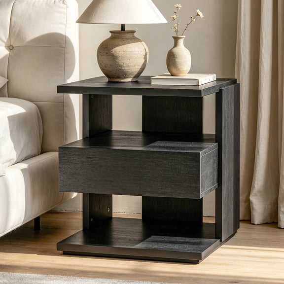 Euroco Modern Floating Nightstand with Drawer, Wood Bedside Table with 3-Tier Open Storage Shelves ,Unique C-Shape End Table for Bedroom,Living Room,Space-Saving,Black
