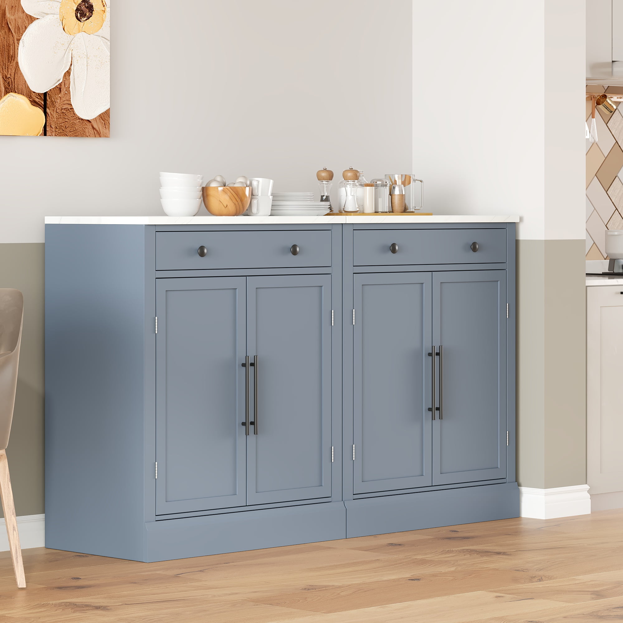 Euroco Modern Freestanding Kitchen Pantry,Buffet Food Storage, Coffee Bar Cabinet with Drawer, 2 Adjustable Shelves and 2 Door Shelves for Dining, Kitchen,Gray