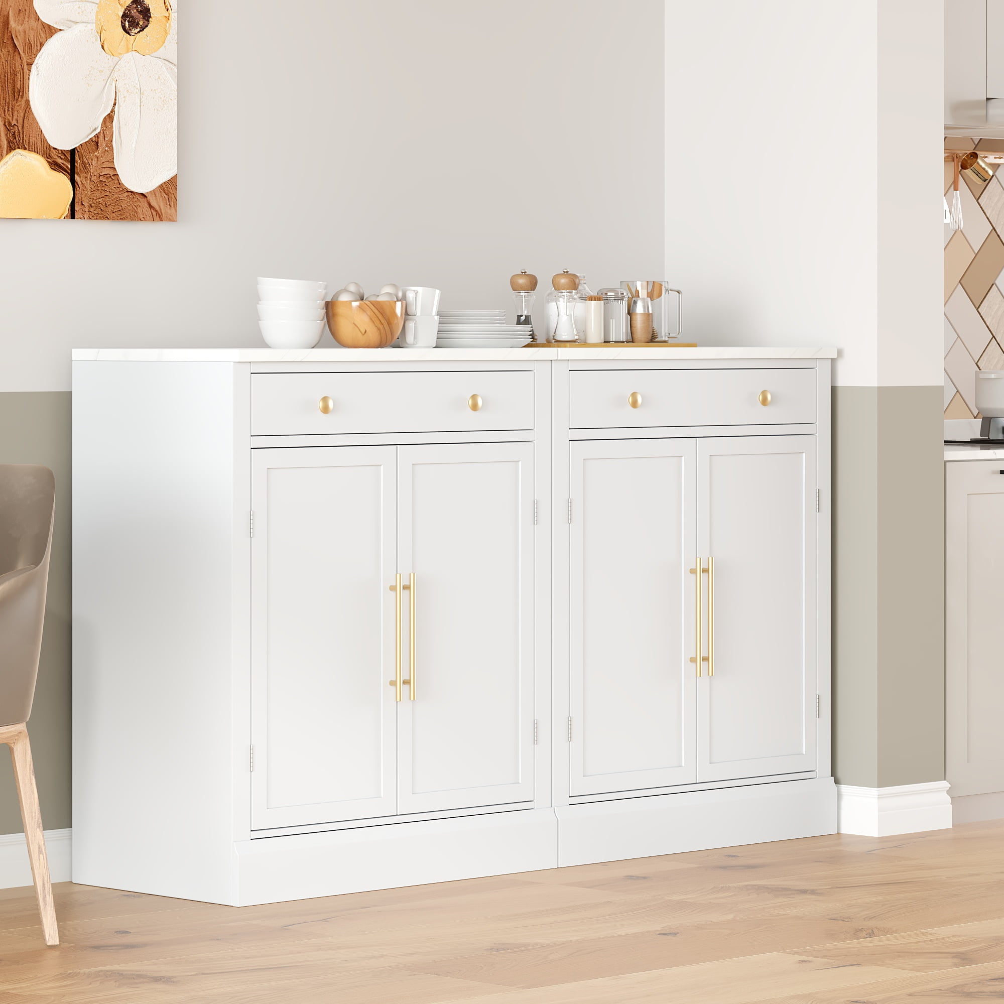 Euroco Modern Freestanding Kitchen Pantry,Buffet Food Storage, Coffee Bar Cabinet with Drawer, 2 Adjustable Shelves and 2 Door Shelves for Dining, Kitchen,White
