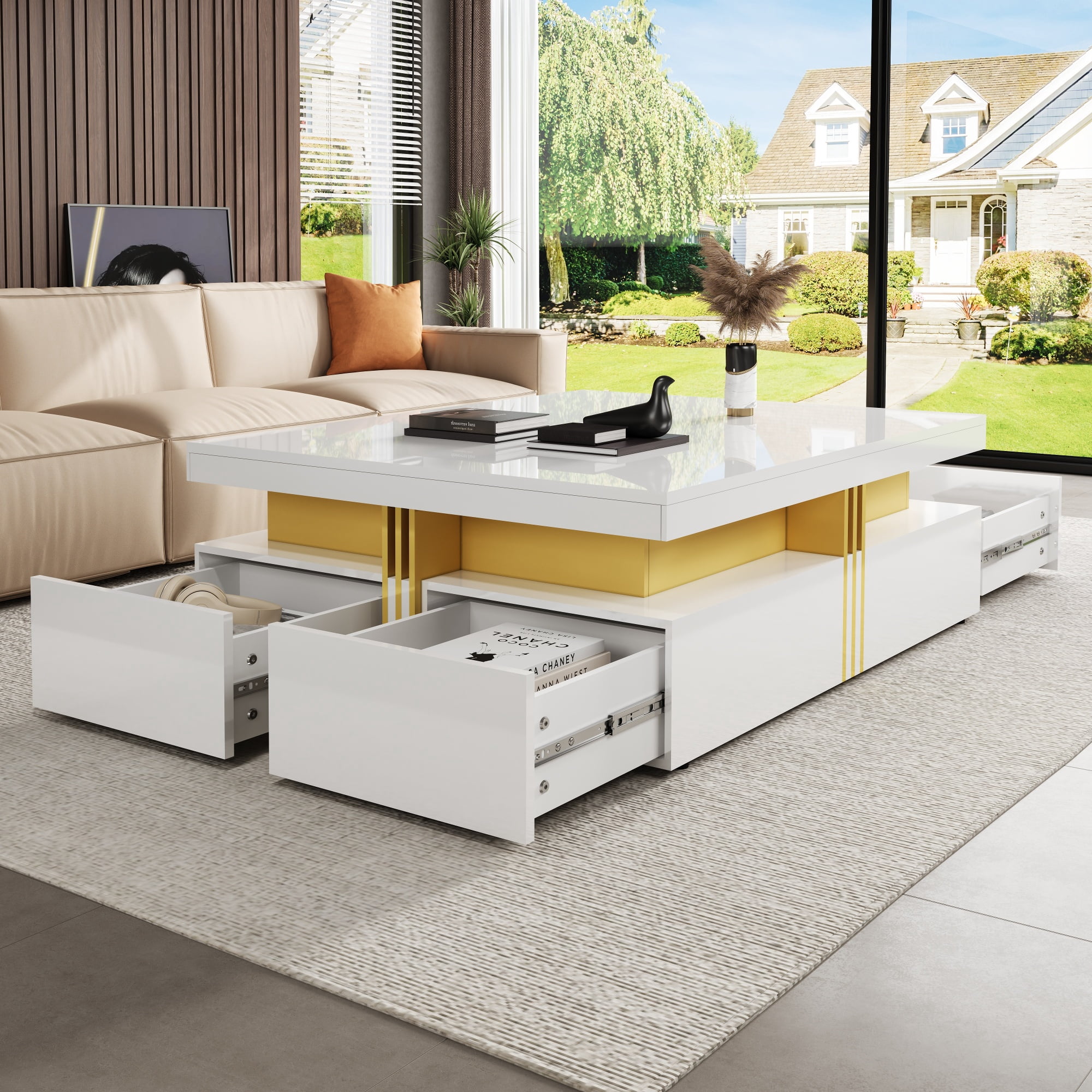 Euroco Modern Glossy Square Storage Coffee Table with 4 Drawers, 43.3", White