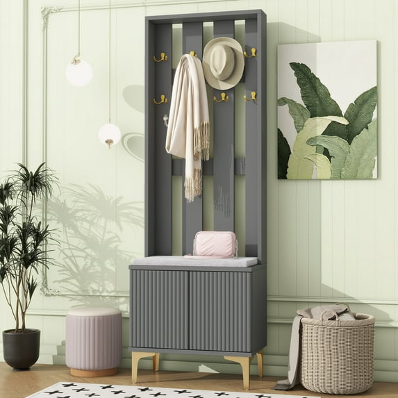 Euroco Modern Hall Tree with Cushion Bench, Fluted Doors, Push-to-Open Cabinet,Entryway Storage Organizer with Adjustable Shelf