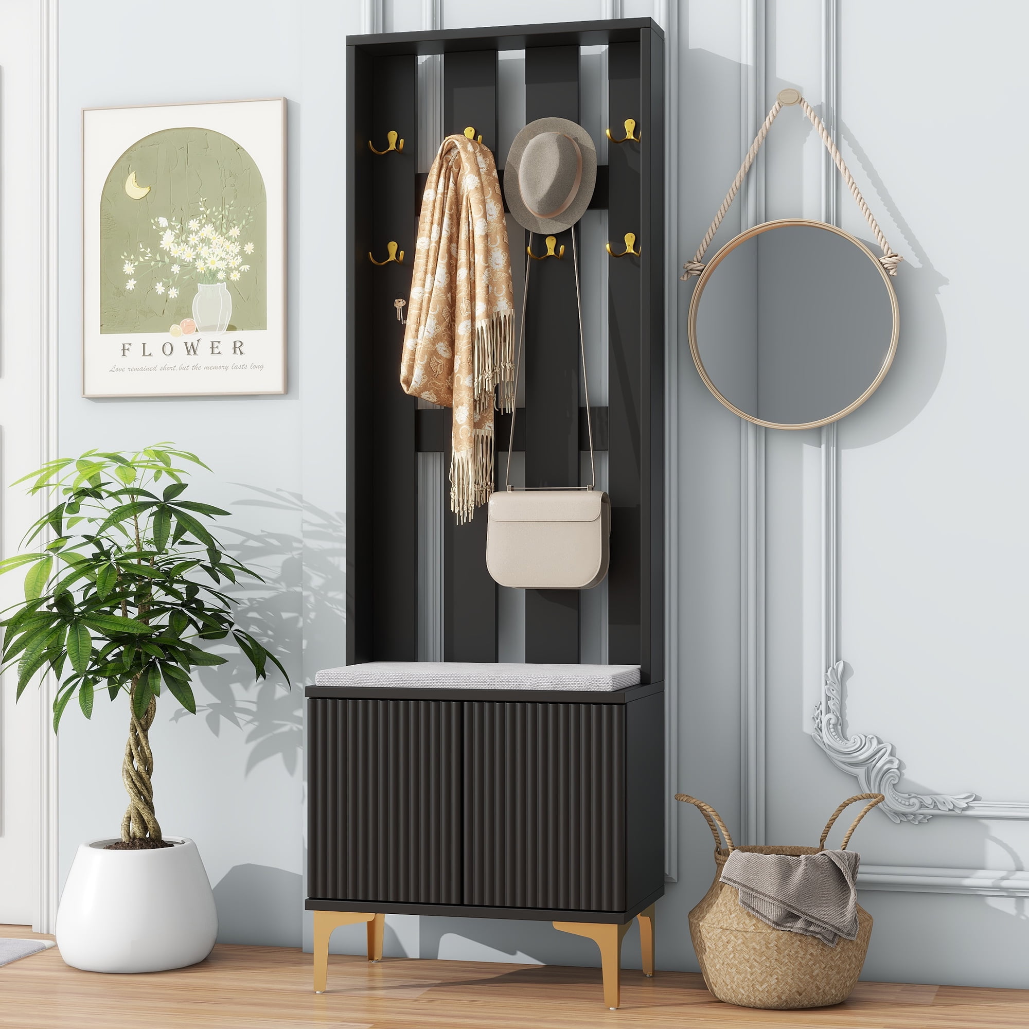 Euroco Modern Hall Tree with Cushion Bench, Fluted Doors, Push-to-Open Cabinet,Entryway Storage Organizer with Adjustable Shelf