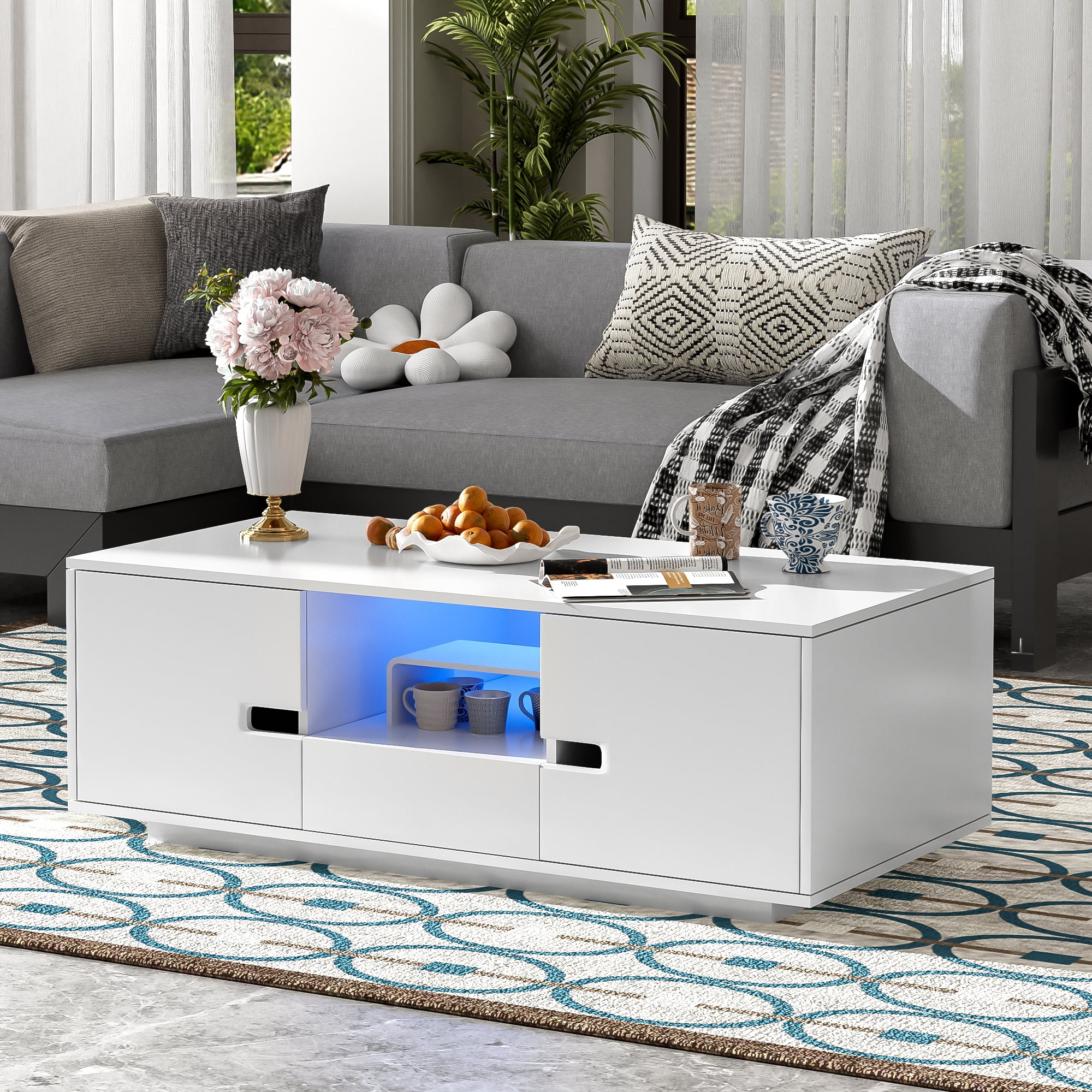 Euroco Modern High Gloss Coffee Table with LED Lights, 16 Colors & Remote Control, Storage Drawer and Cabinets, MDF Living Room Center Table with Shelves, 47.2''W x 23.6''D x 15.7''H