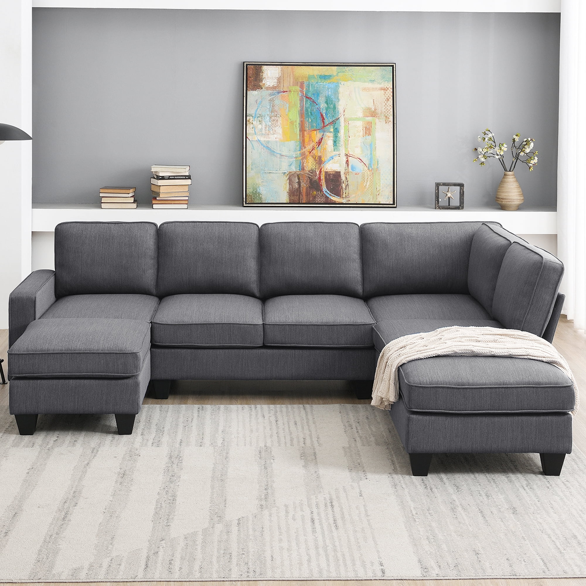 Euroco Modern L Shaped Sofa 7 Seat Sectional Couch Set With Chaise Lounge And Ottoman For Living Room Apartment Office Dark Gray 104 X 78 Com