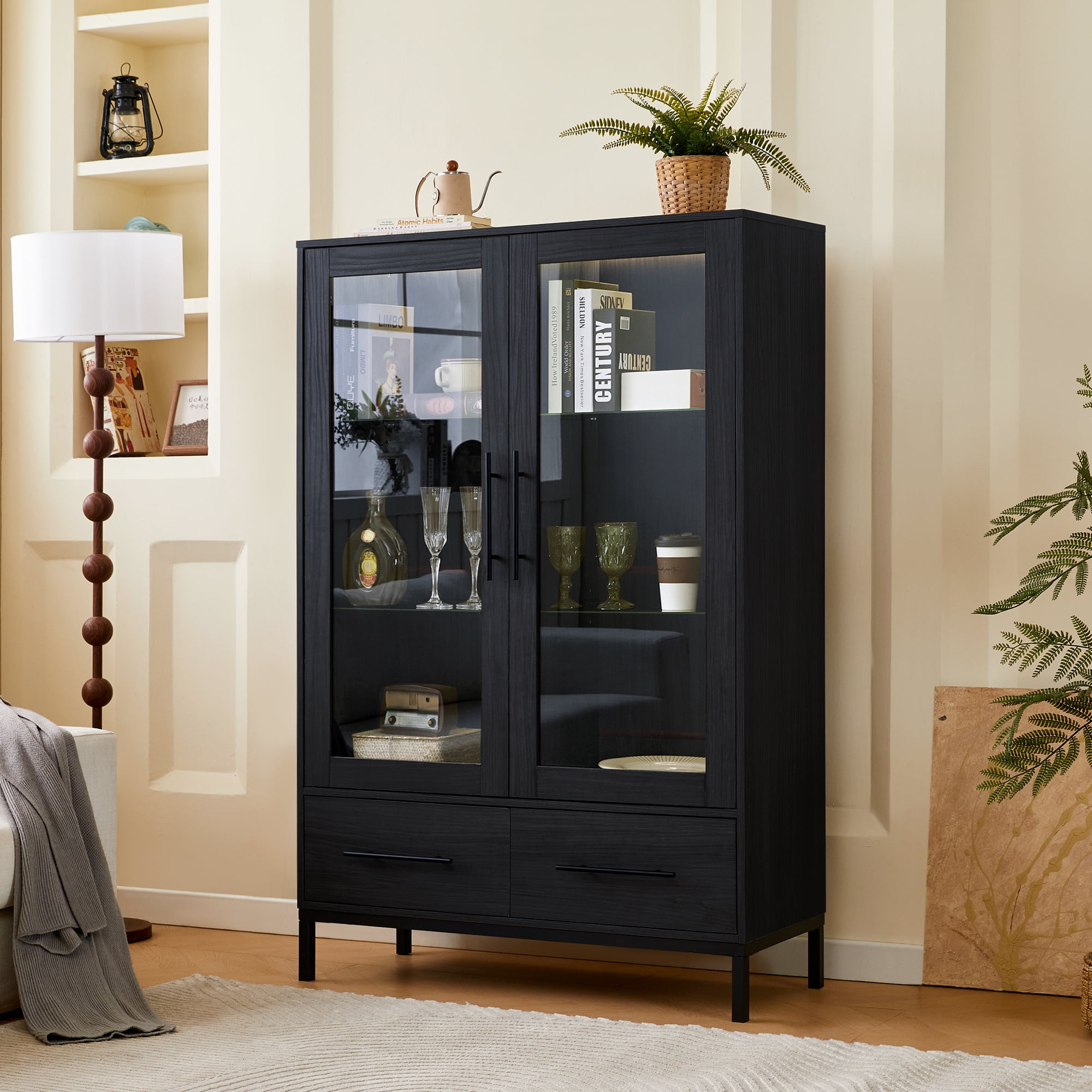 Euroco Modern LED Lighted Display Cabinet with Glass Shelves and Drawers,Storage Curio Cabinet with Adjustable Shelves and Metal Legs, Showcase