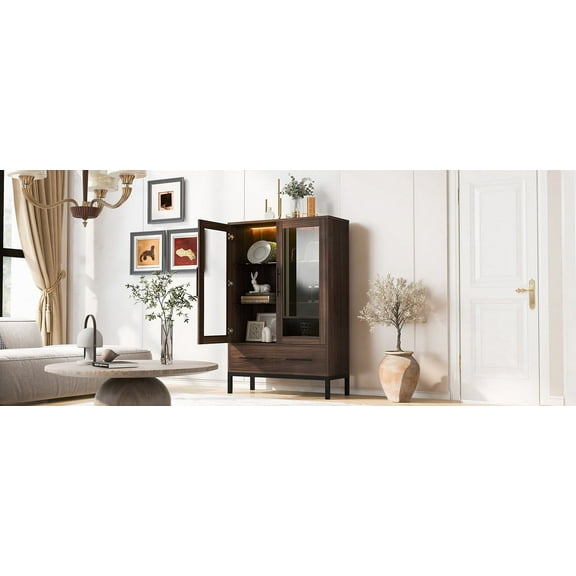 Euroco Modern LED Lighted Display Cabinet with Glass Shelves and Drawers,Storage Curio Cabinet with Adjustable Shelves and Metal Legs, Showcase